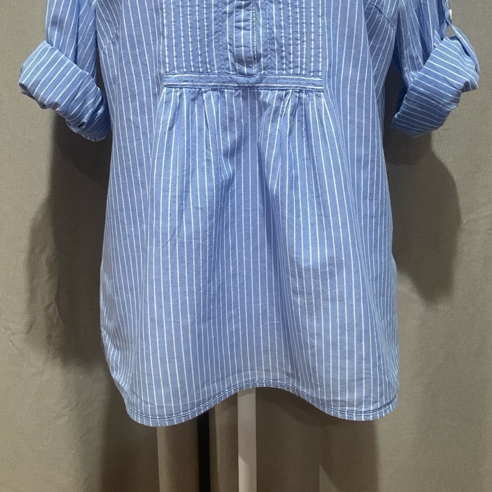 L.L. Bean Blue and White Striped Roll Tab Sleeve Top Size Medium - Picture 4 of 15
